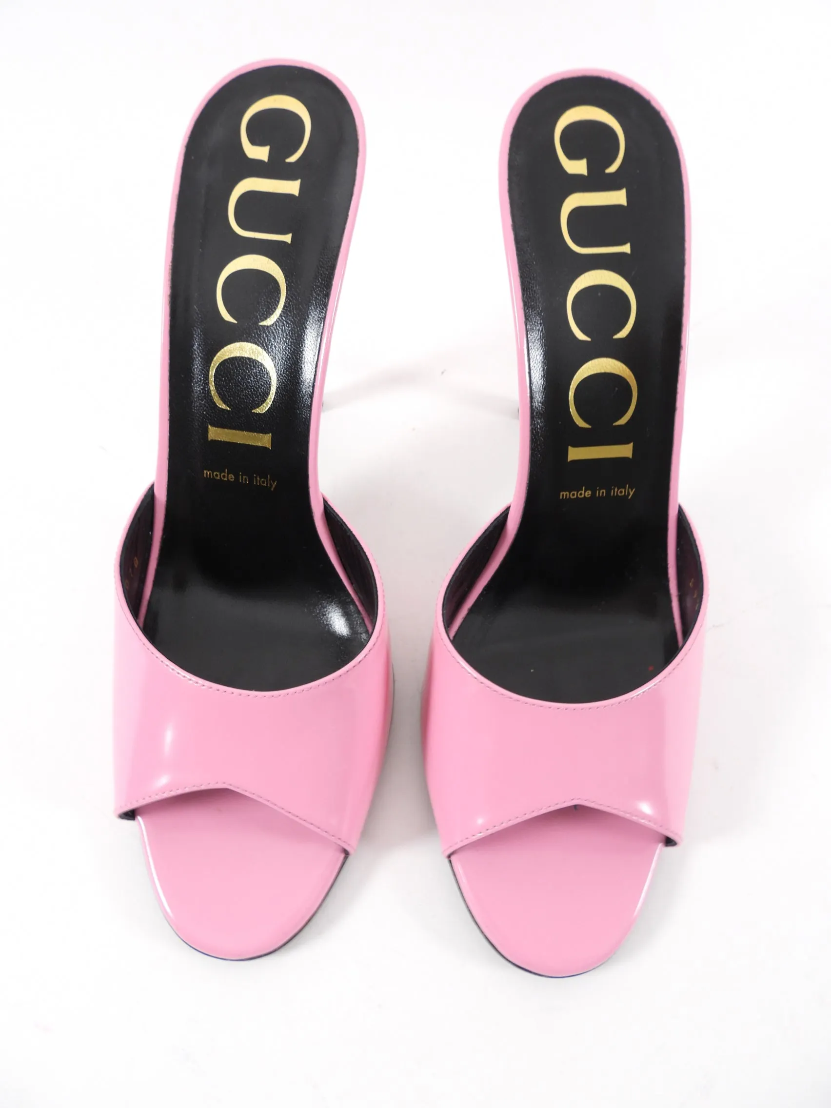 Gucci Scarlet Pink Polished Calfskin High Heel Mules - 39