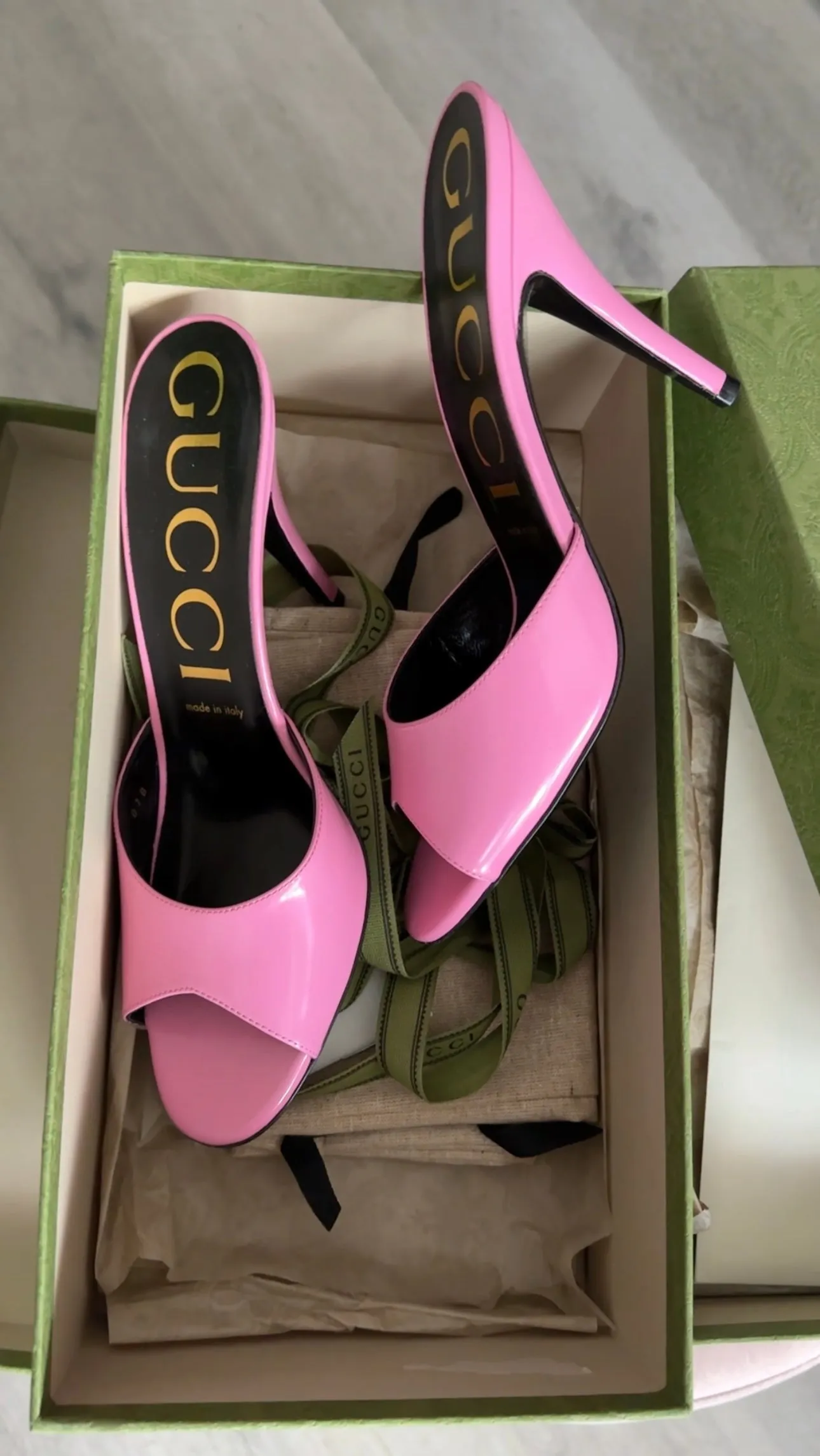 Gucci Scarlet Pink Polished Calfskin High Heel Mules - 39