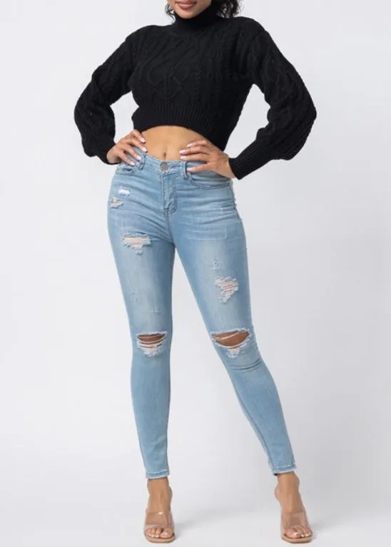 Hera Collection Turtle Neck Crop Cable Sweater (Black) 22574