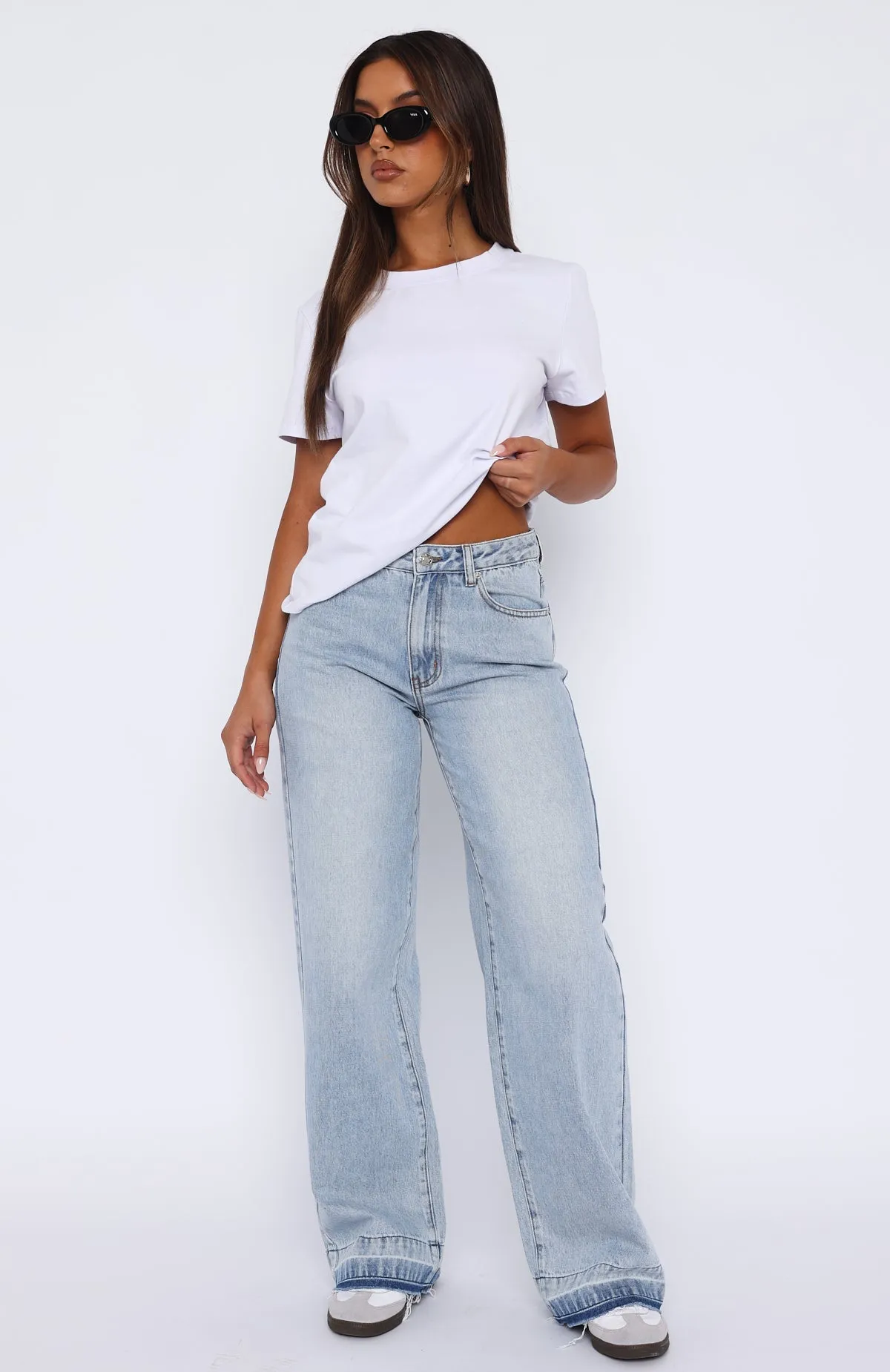 I Don't Need You Mid Rise Wide Leg Jeans Light Blue Wash