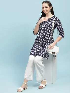 Indiessence Navy Blue Floral Printed Kurta