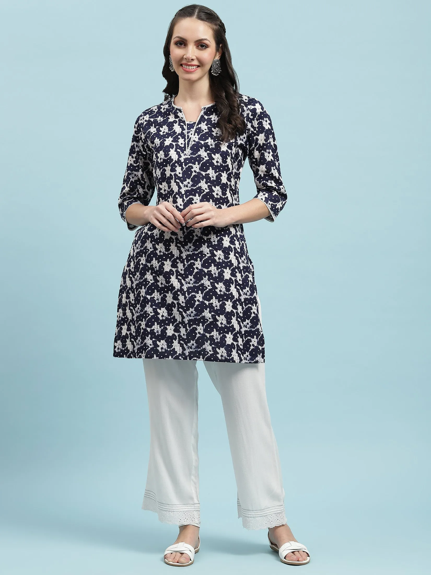 Indiessence Navy Blue Floral Printed Kurta