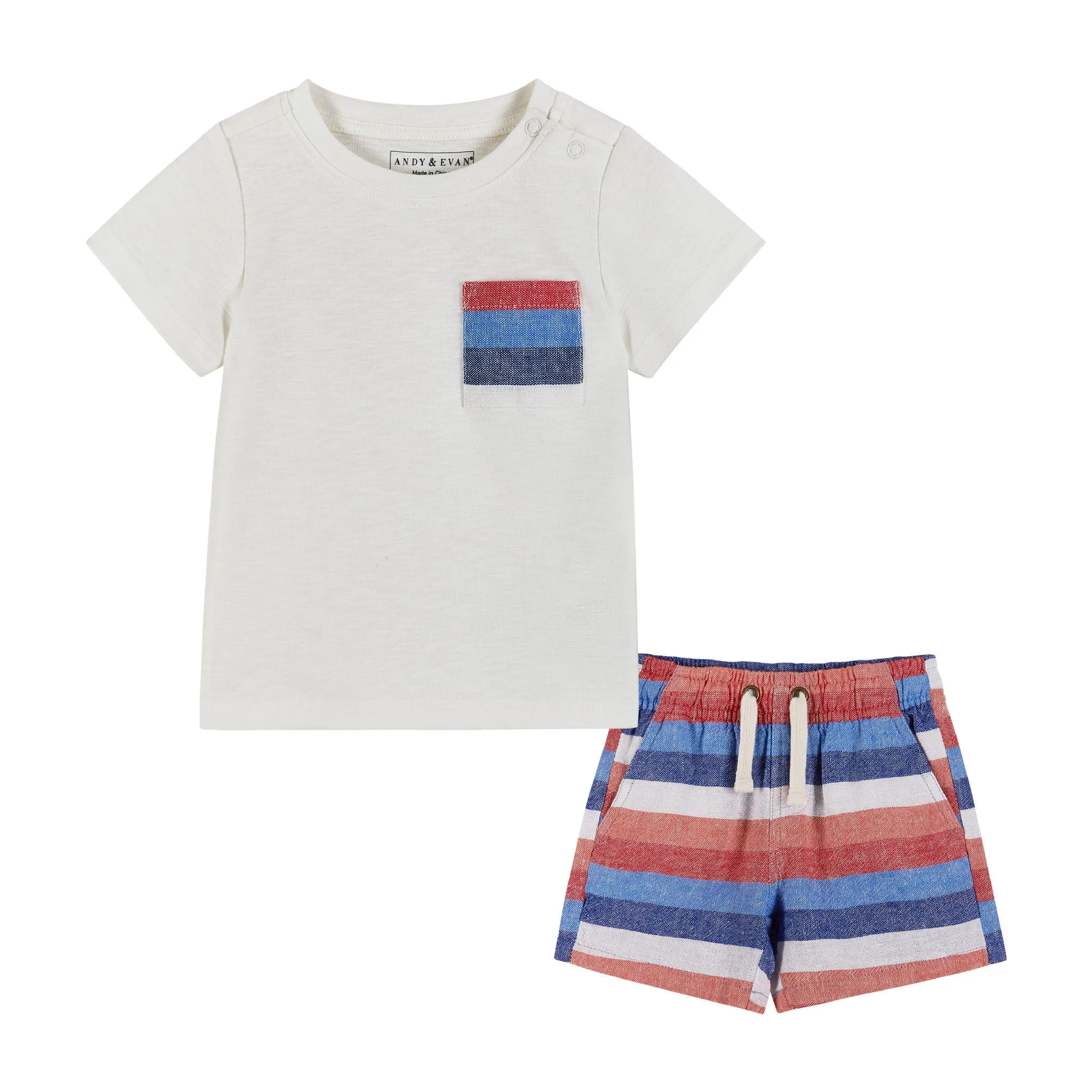 Infant Lt. Heather Grey T-Shirt w/Red/White/Blue Striped Pocket & Matching Drawstring Short Set