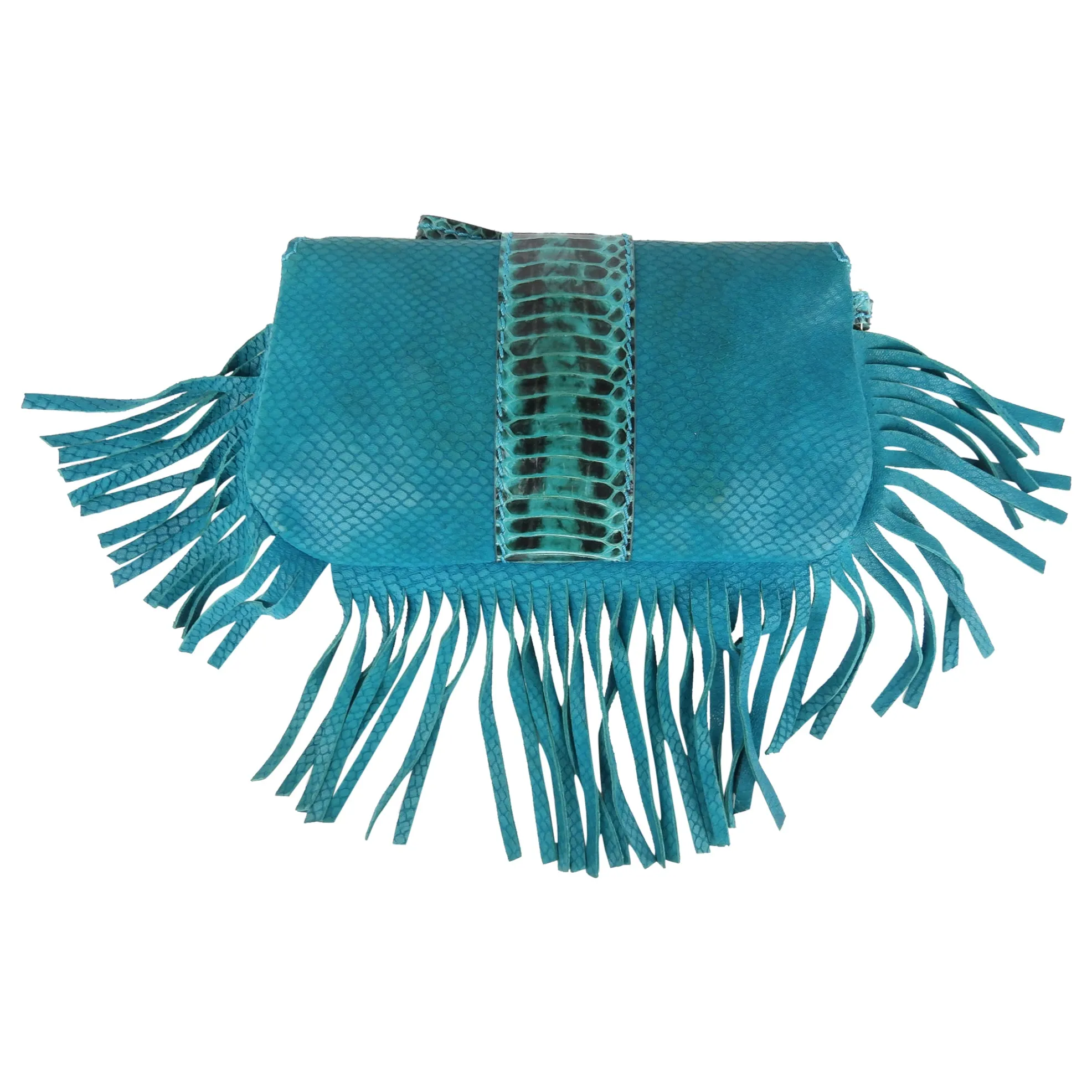 Jimmy Choo Blue Snakeskin Fringe Clutch Bag with Wrist Strap