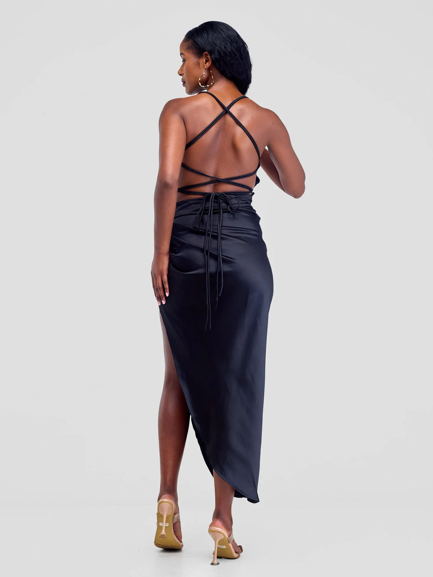 Lola Backless Strappy Satin Dress  With High Side Slit - Black