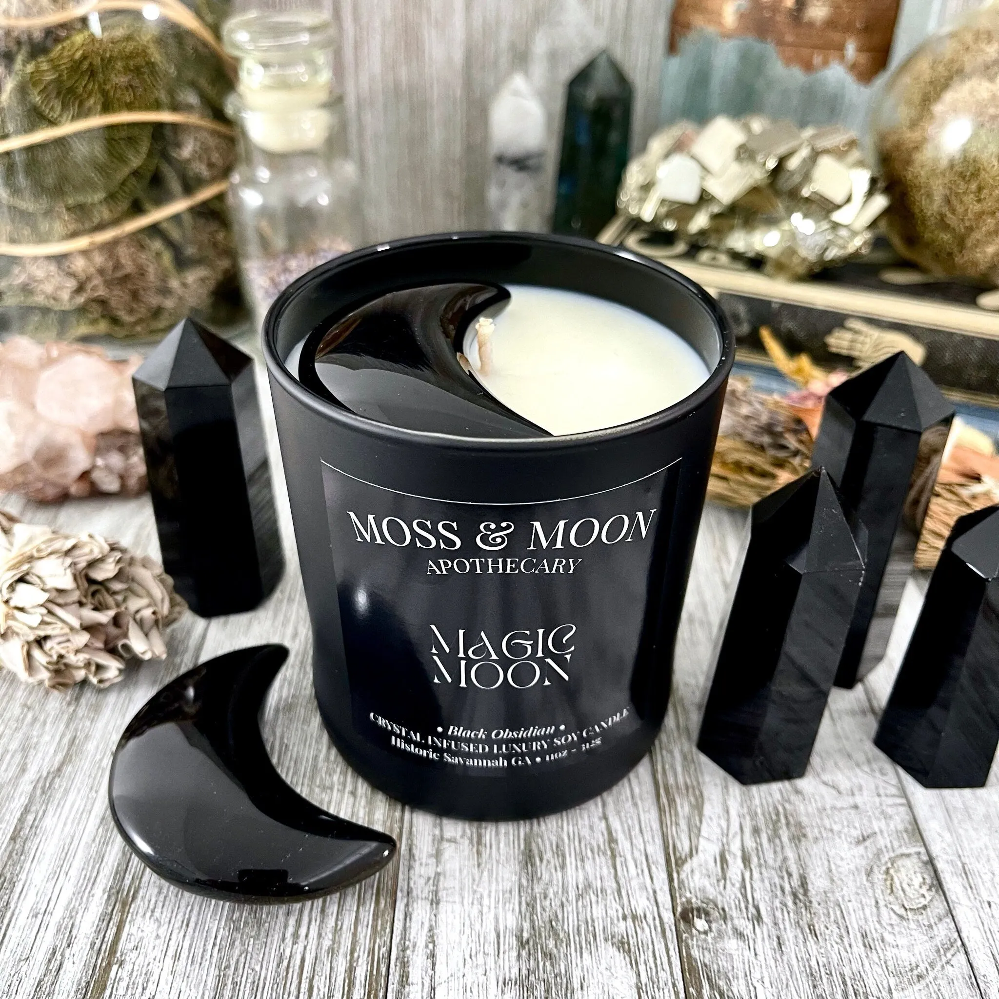 Magic Moon Candle with Black Obsidian - Moss & Moon Apothecary Luxury Soy Crystal Candle /