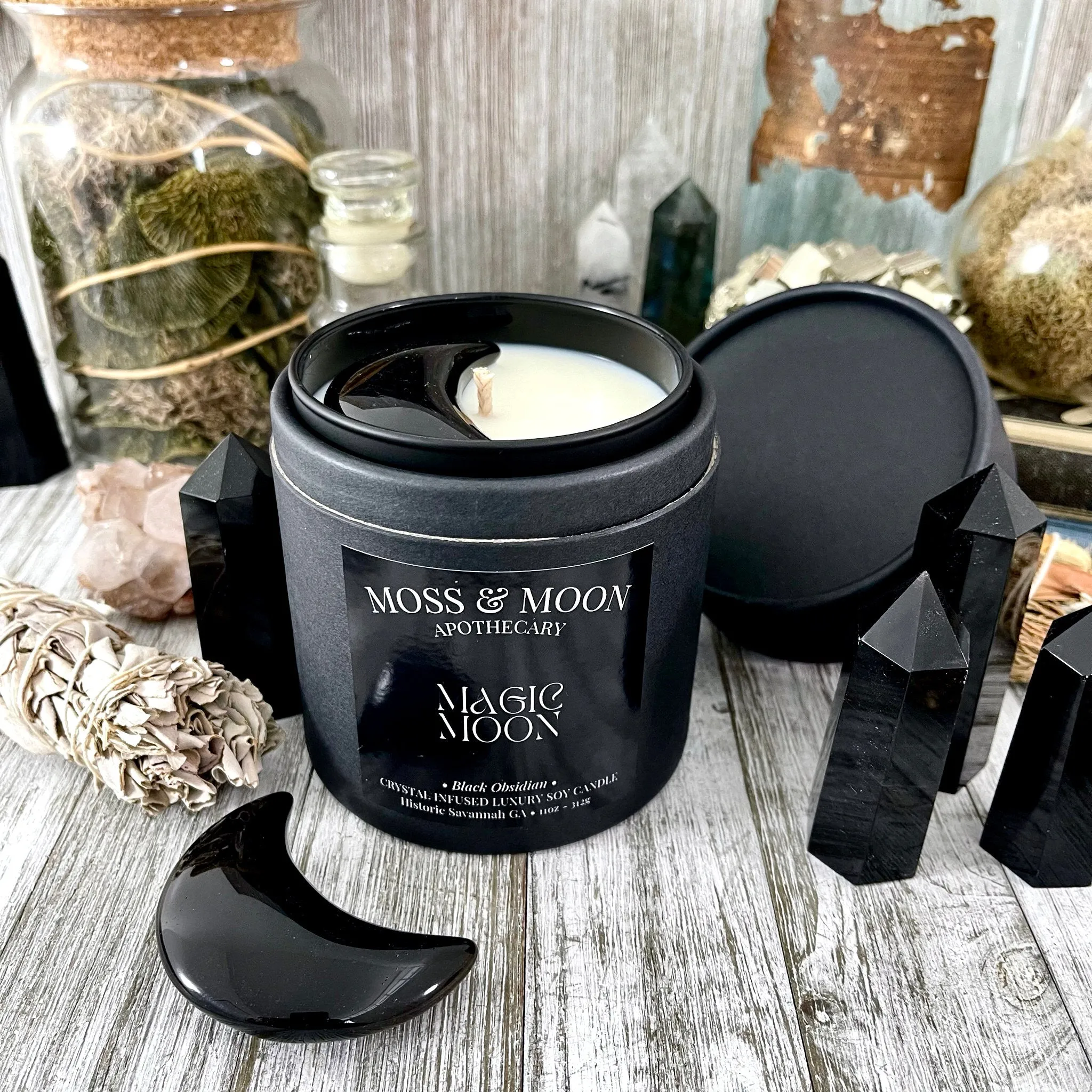 Magic Moon Candle with Black Obsidian - Moss & Moon Apothecary Luxury Soy Crystal Candle /