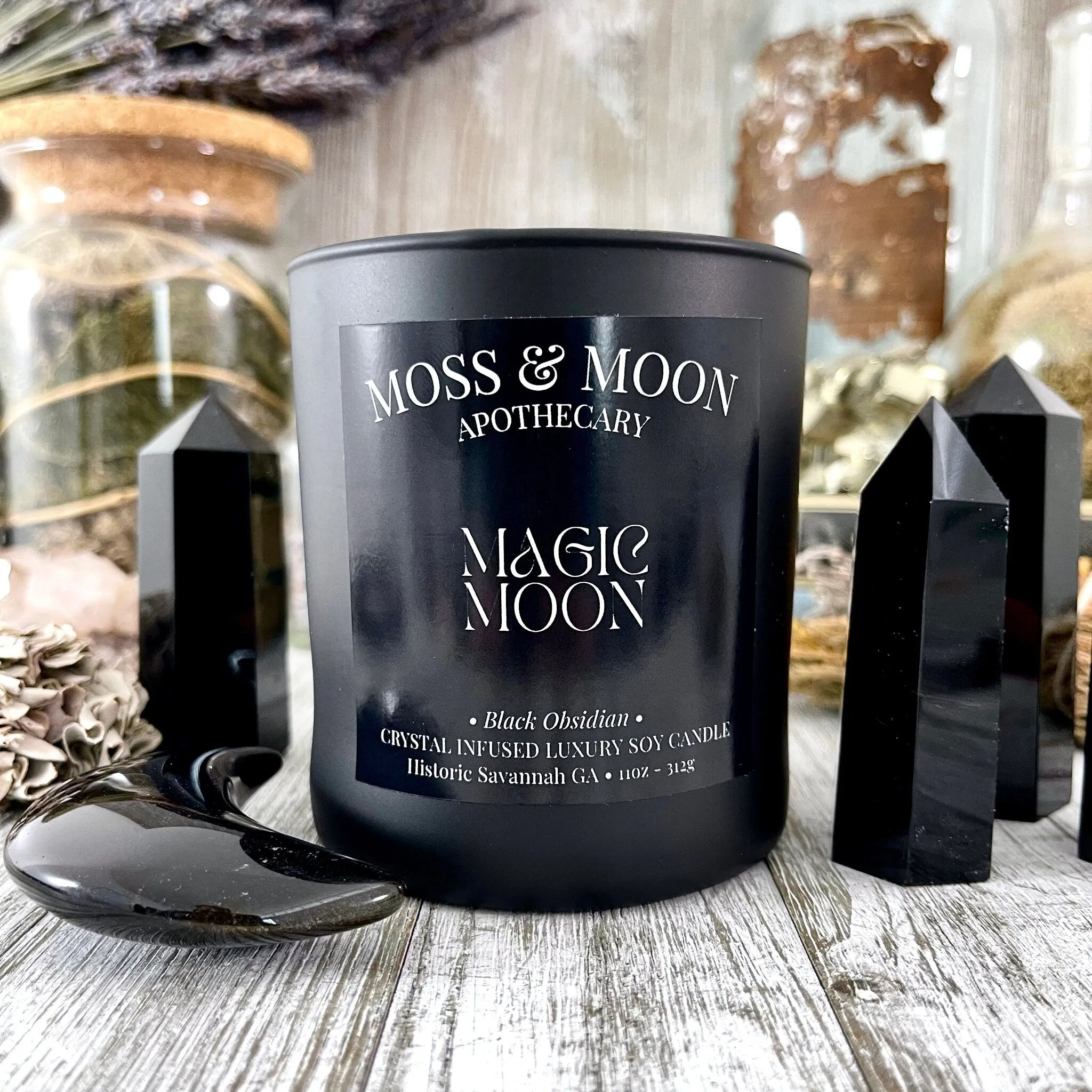 Magic Moon Candle with Black Obsidian - Moss & Moon Apothecary Luxury Soy Crystal Candle /