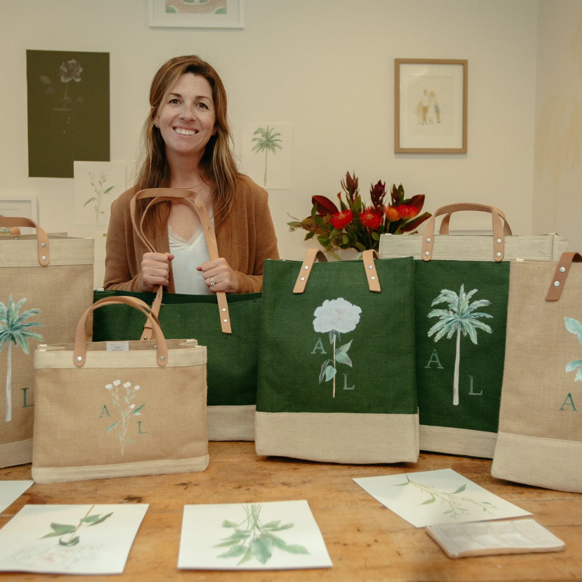 Market Tote in Natural Peony by Amy Logsdon