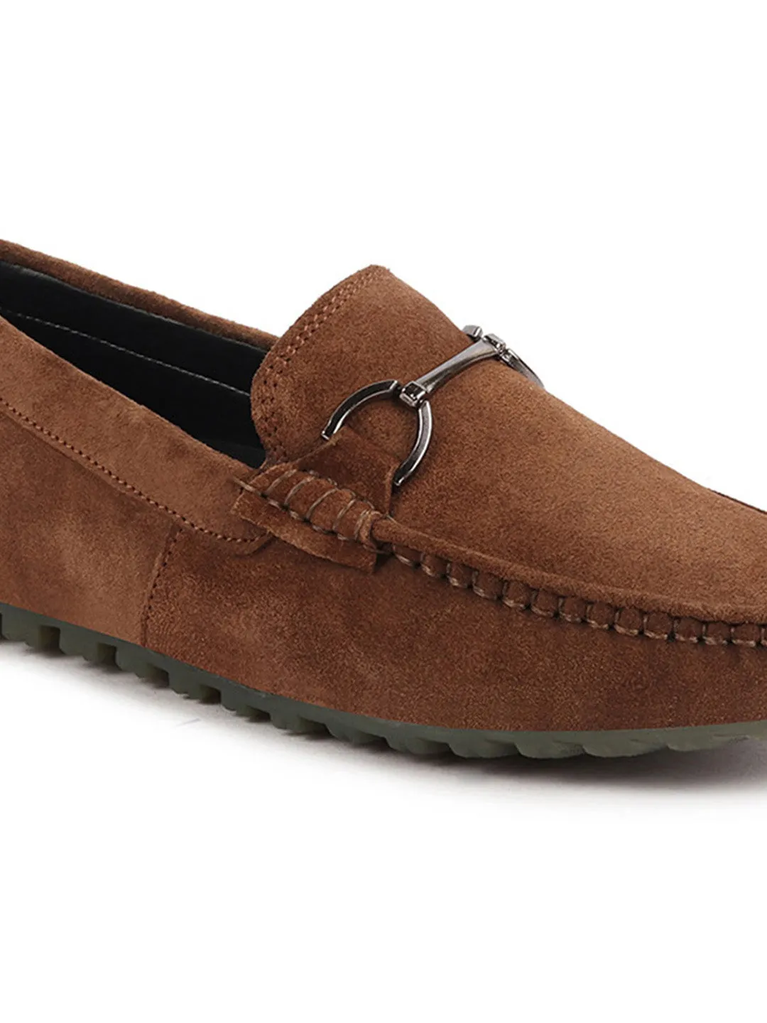 Men Camel Horsebit Buckle Suede Leather Slip On Driving Loafers