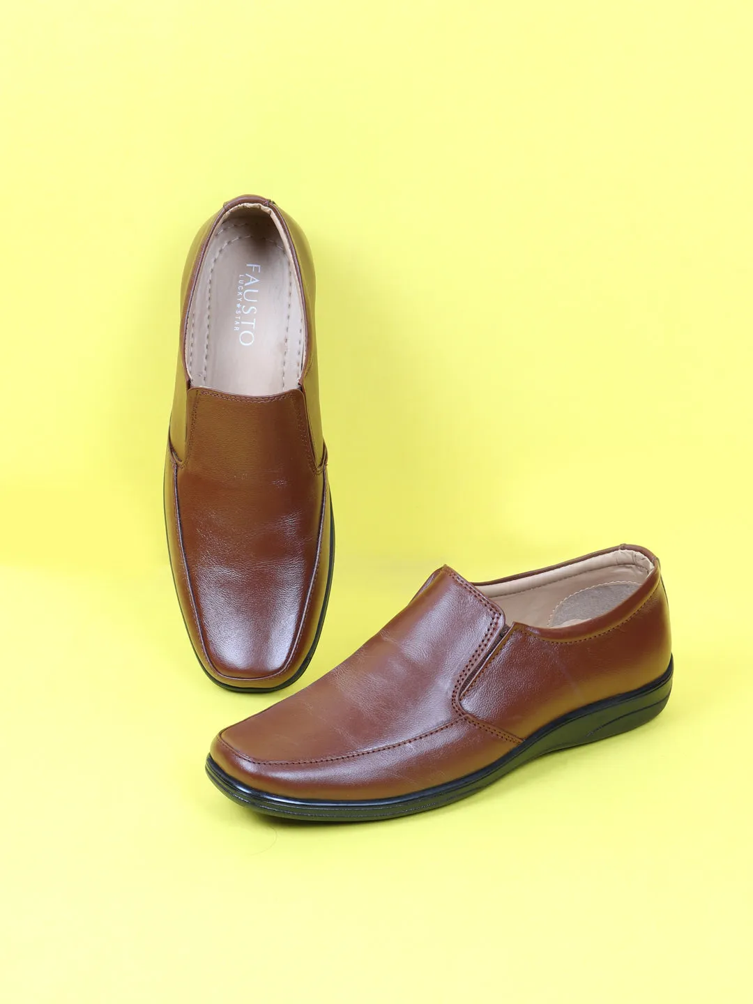 Men Tan Formal Leather Slip On Shoes