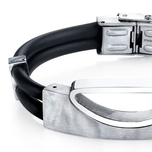 Mens Art Deco Stainless Steel and Black Silicon Bracelet