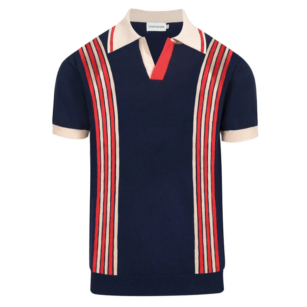 Men's dark blue striped jacquard V-neck polo shirt