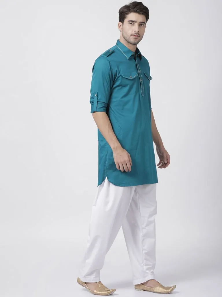 Men's Dark Green Cotton Blend Pathani Suit Set