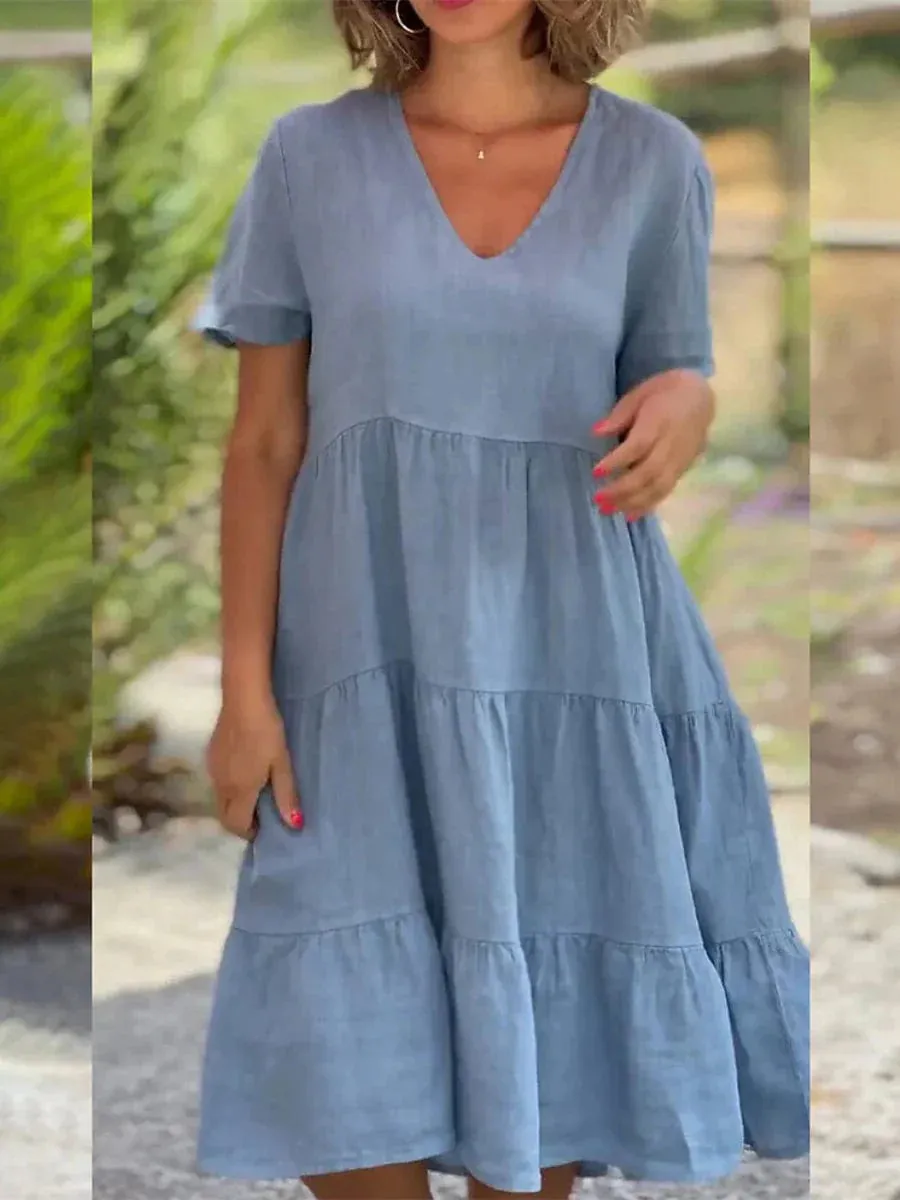 Modern Cotton Linen Swing Dress with Ruched Ruffle Sleeves