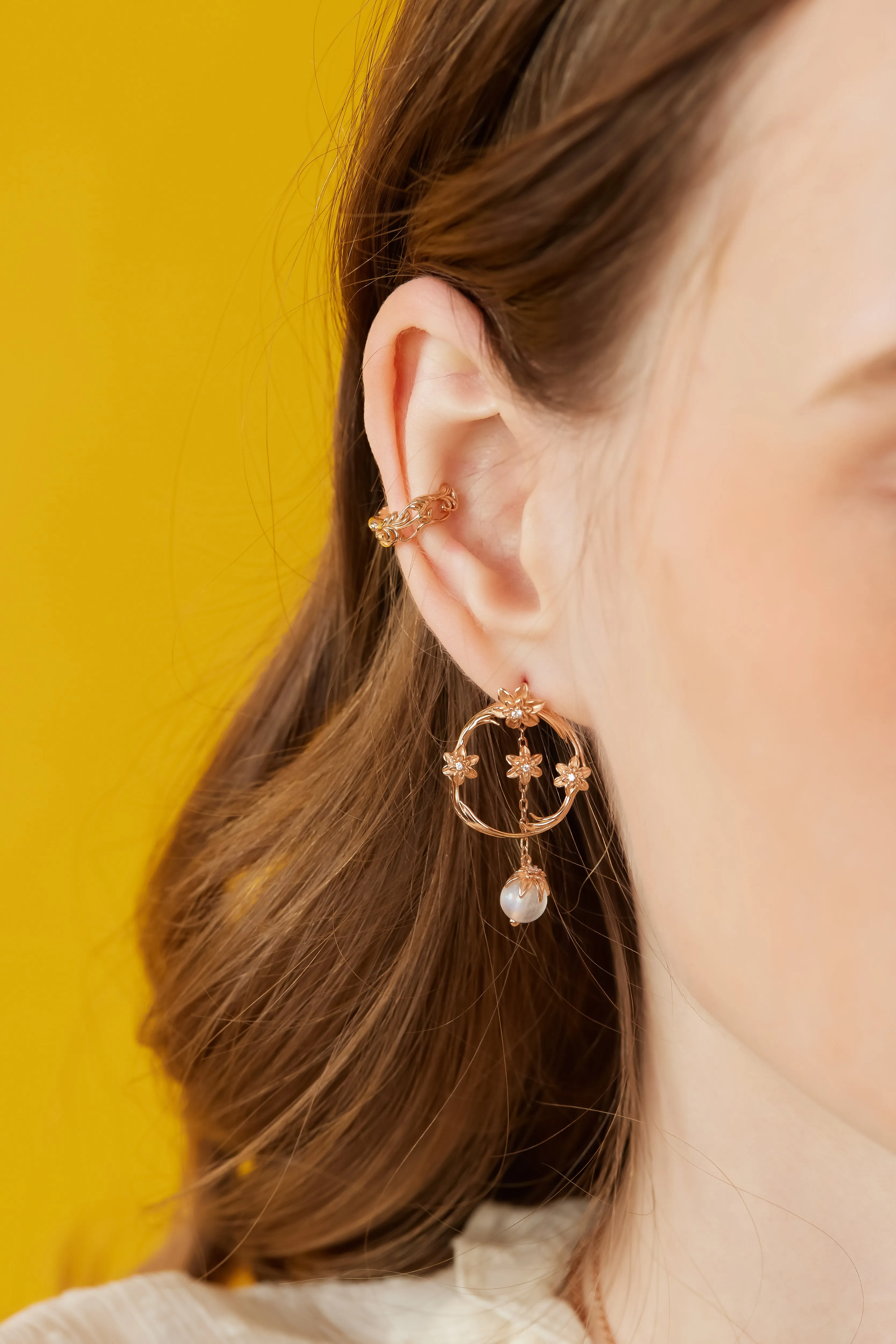 Moonstone Gold Asymmetrical Floral Earrings - Daffodil