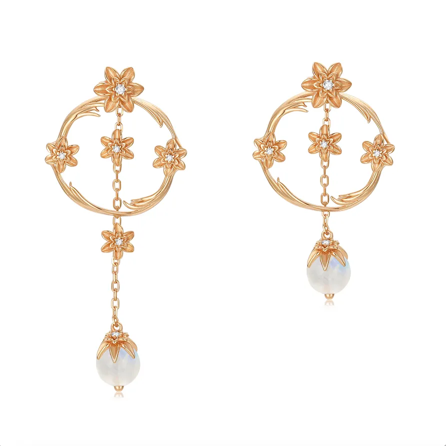 Moonstone Gold Asymmetrical Floral Earrings - Daffodil