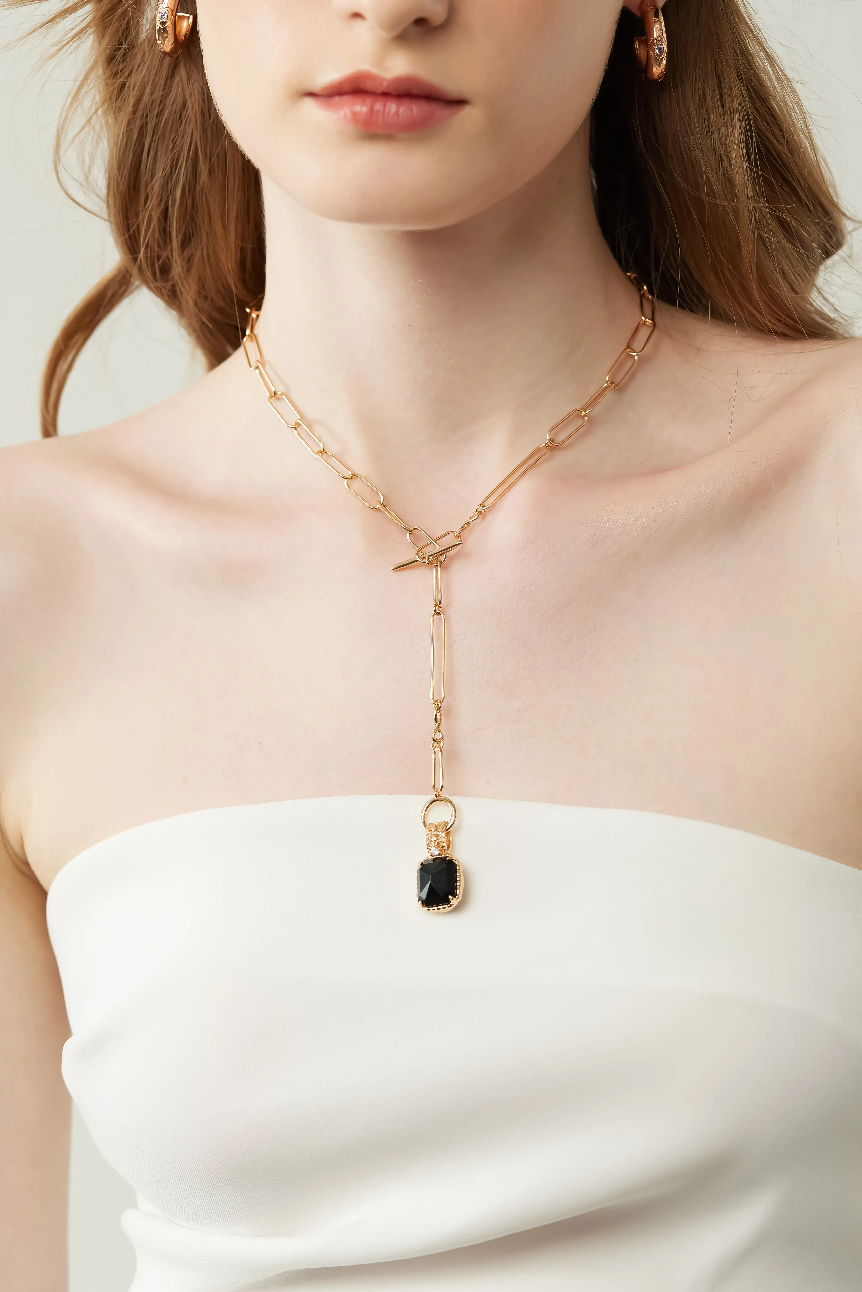 Obsidian Double Sided Gold Toggle Necklace - Chrysanthemum