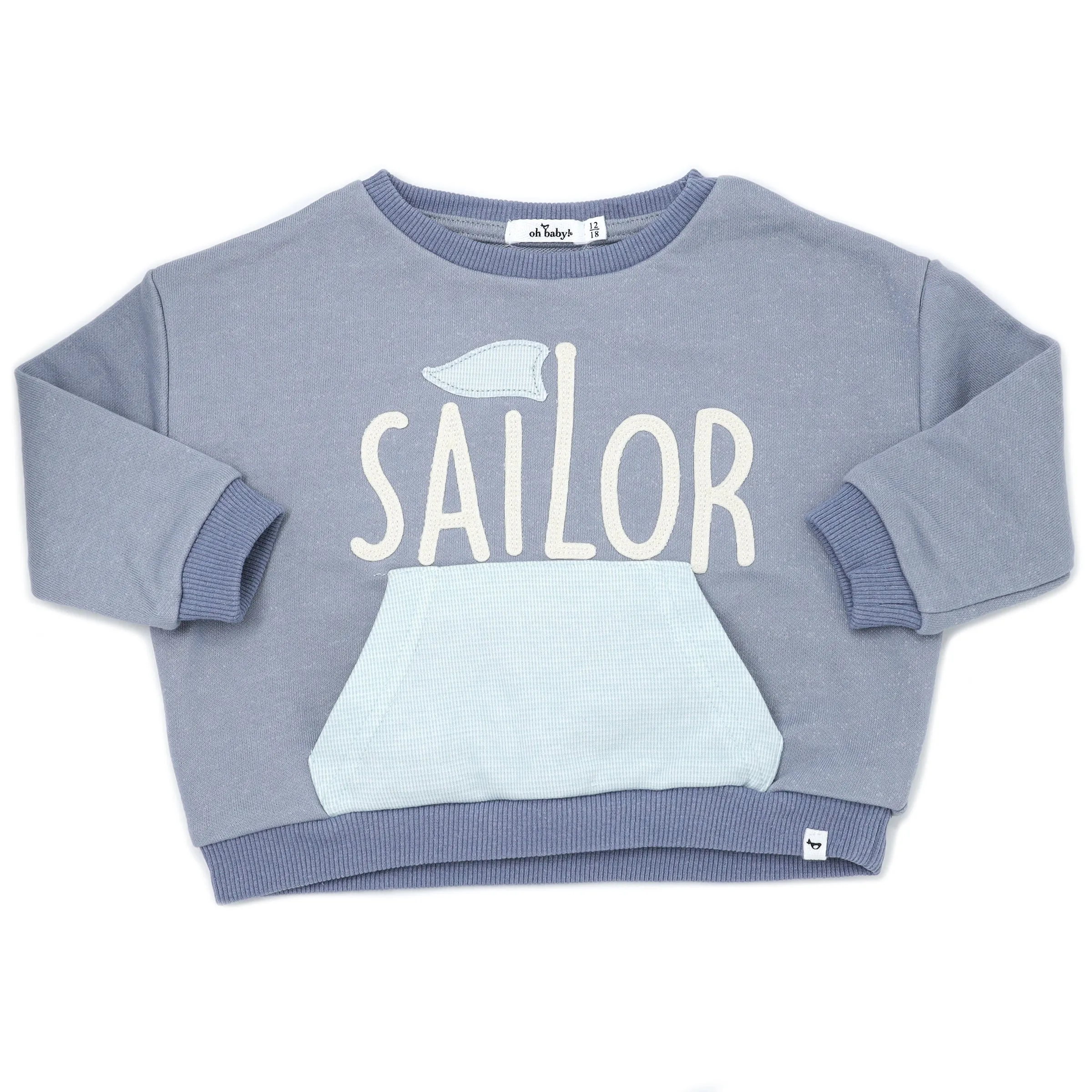 oh baby! Cotton French Terry Slouch Boxy Sweatshirt with Pocket - Sailor Applique - Fog