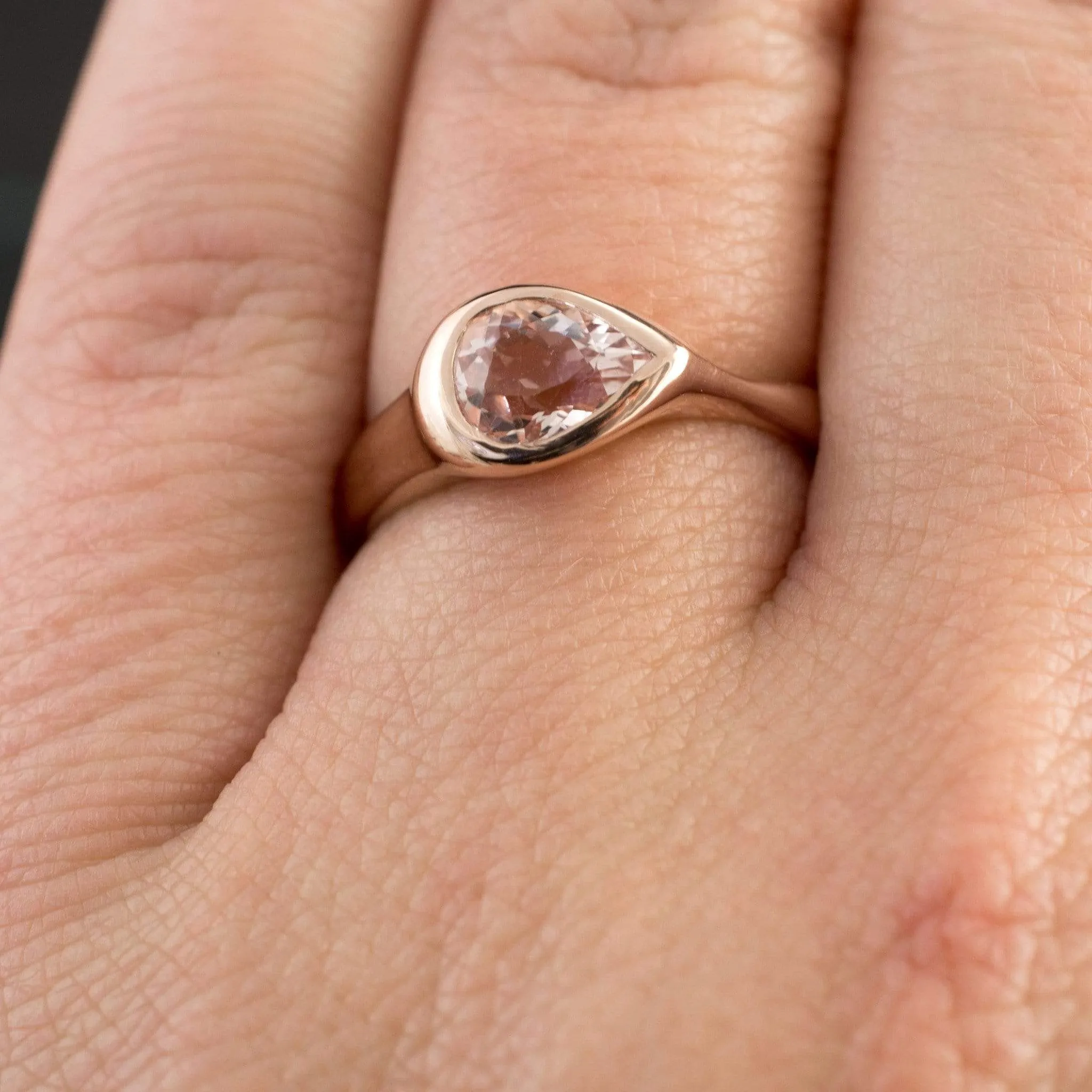 Pear Pink Morganite Sideways Tear Drop Bezel Solitaire Engagement Ring