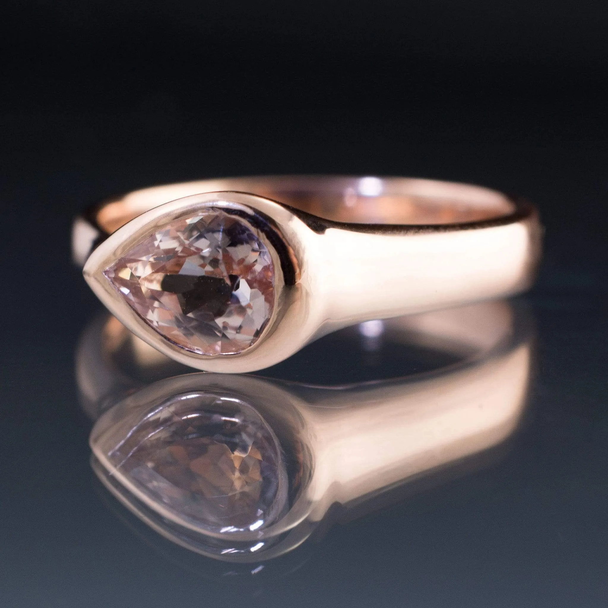 Pear Pink Morganite Sideways Tear Drop Bezel Solitaire Engagement Ring