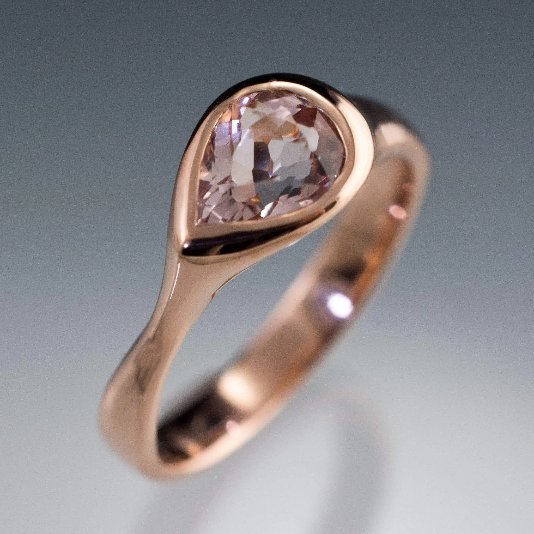 Pear Pink Morganite Sideways Tear Drop Bezel Solitaire Engagement Ring