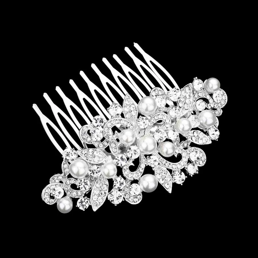 Pearl Accented Rhinestone Pave Hair Comb