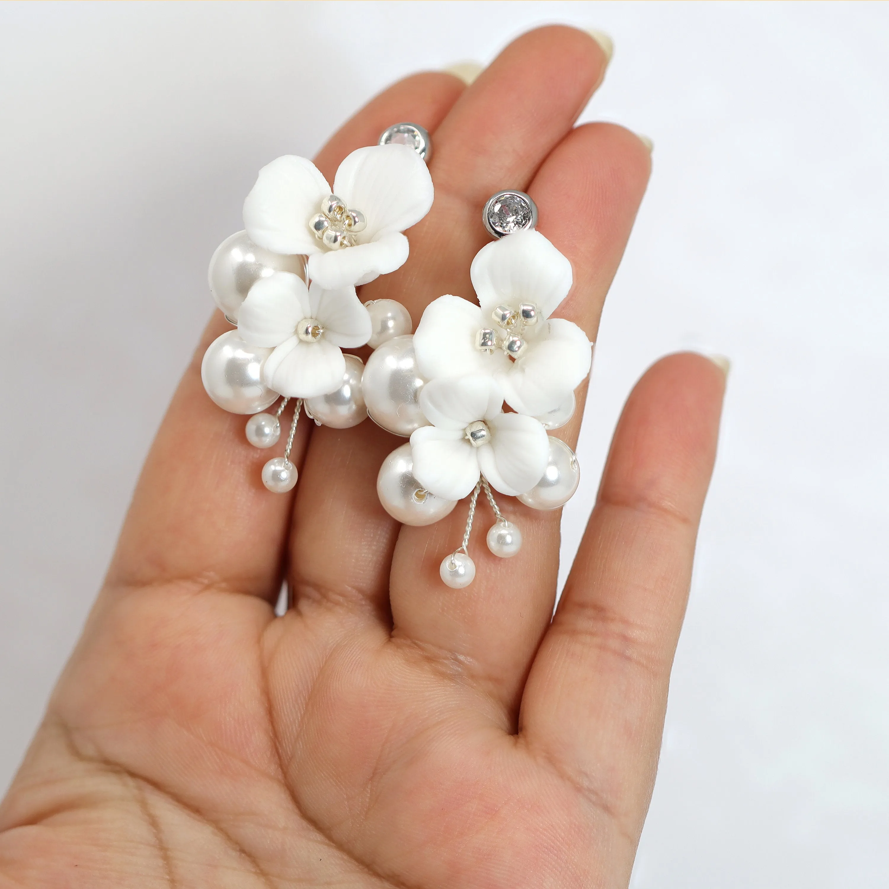 Pearl Dusted White Orchid Blossom Earring , Bridal Ceramic Rose Earring, Bridal Hair Accessories, Wedding Earring.