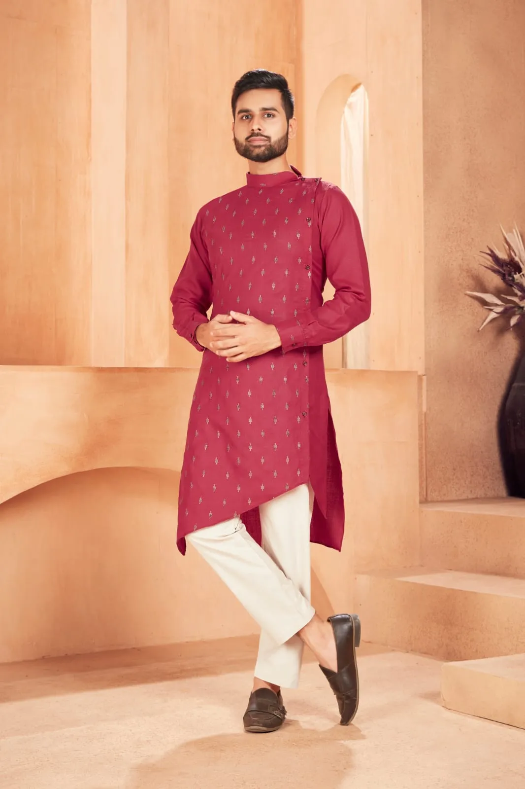 Pink Ethnic Cotton Men's Kurta Pajama