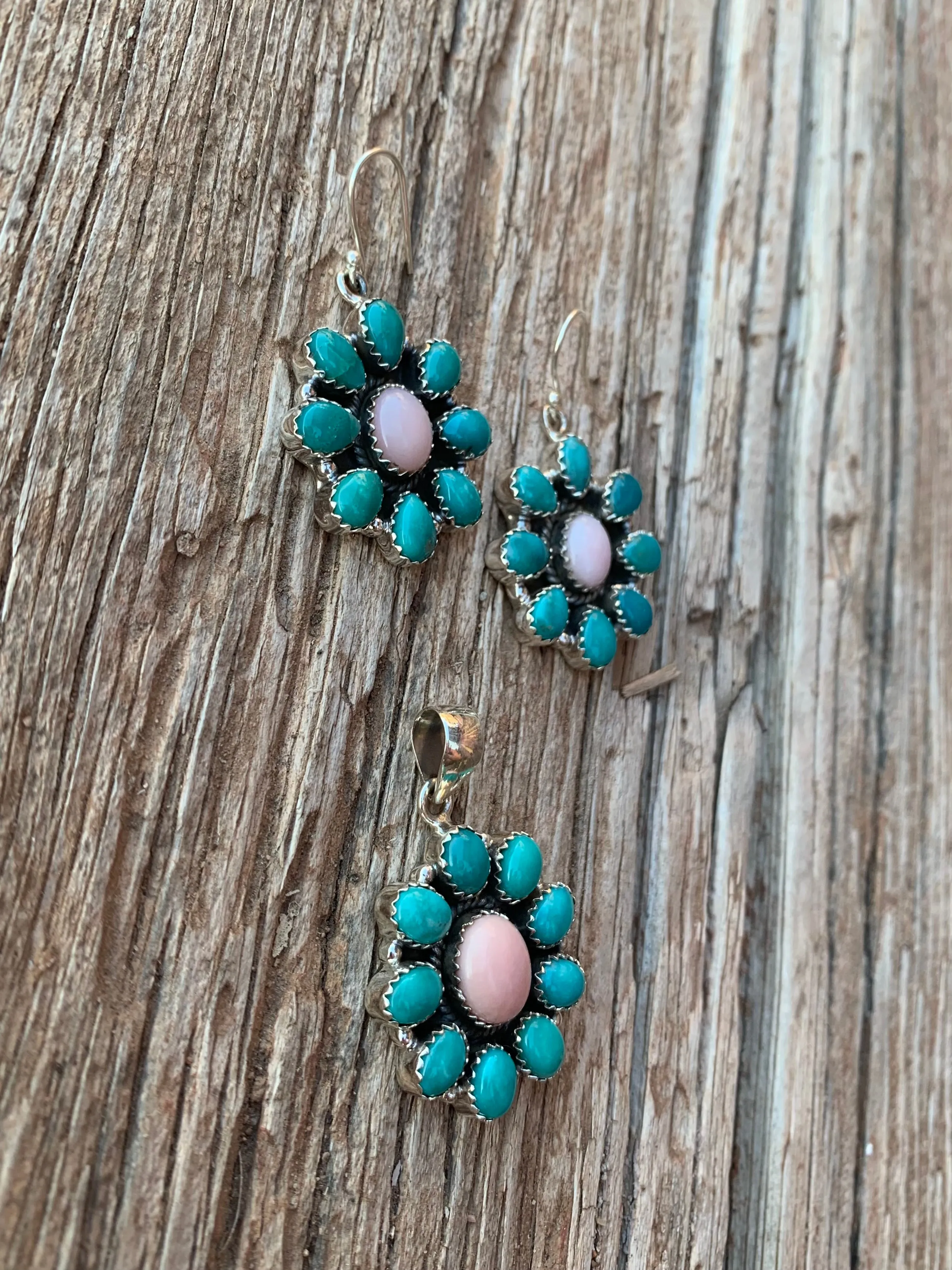 Pink Opal and Turquoise Cluster pendant & earring set