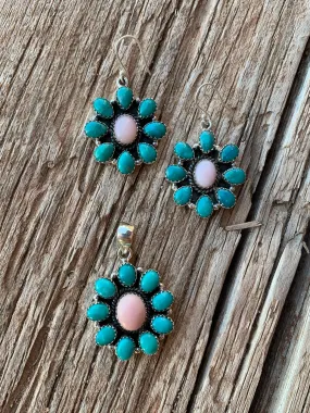 Pink Opal and Turquoise Cluster pendant & earring set