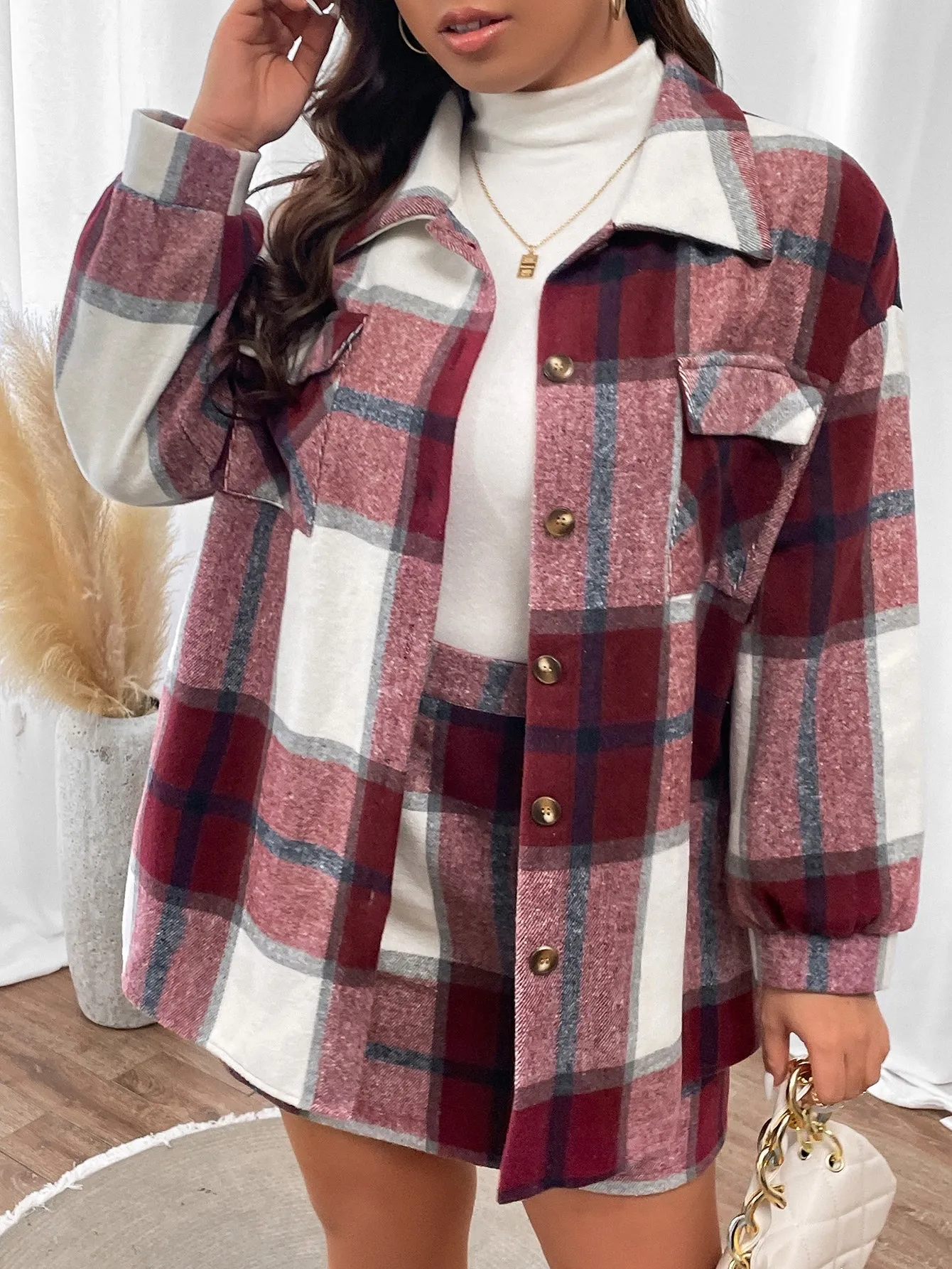 Plus Plaid Print Drop Shoulder Flap Pocket Coat Skirt