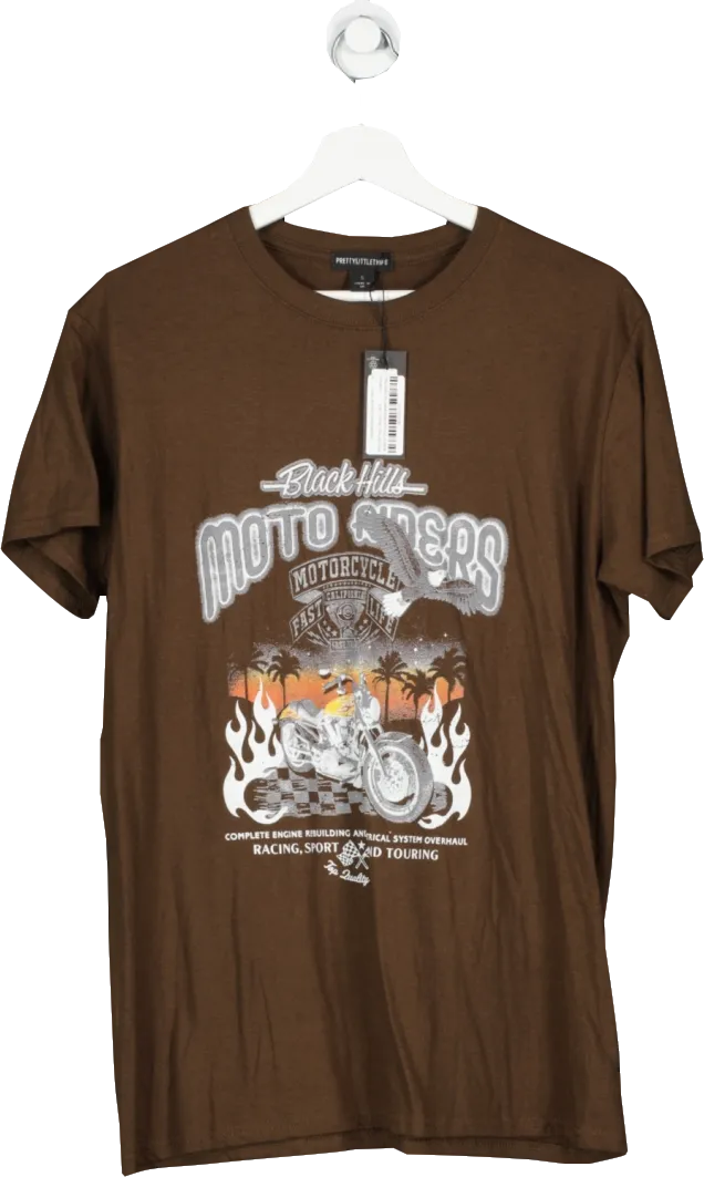 PrettyLittleThing Brown Motobike Printed Oversized T Shirt UK S