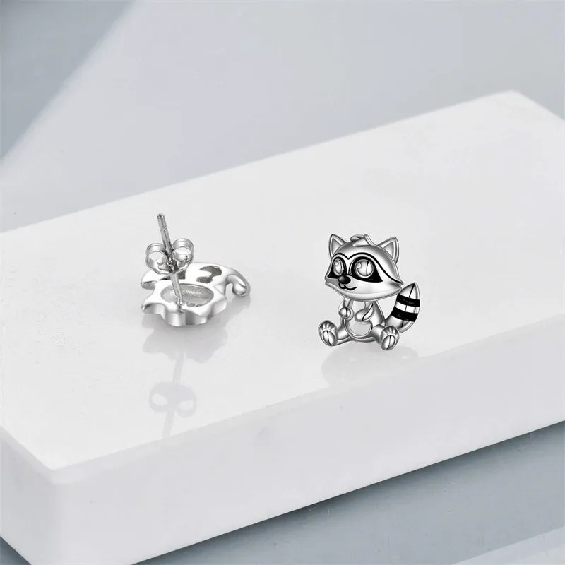 Raccoon Earrings Sterling Silver Cute Animal Stud Earring for Women Teens Birthday