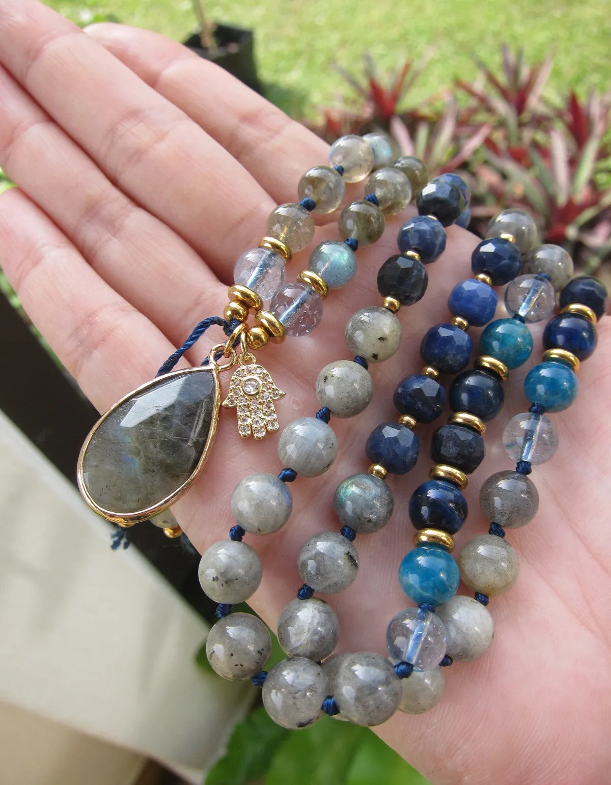 Rainbow Labradorite, Blue Sodalite 108 Prayer Beads Mala Necklace