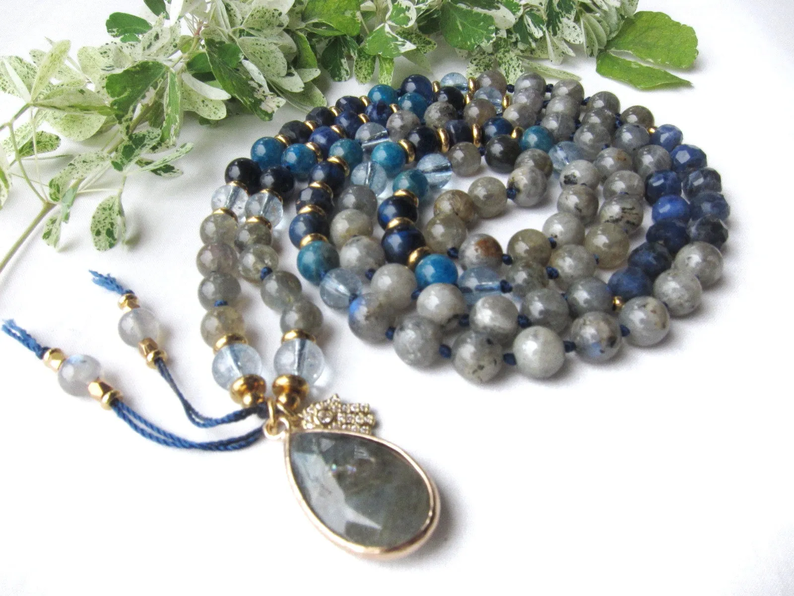 Rainbow Labradorite, Blue Sodalite 108 Prayer Beads Mala Necklace