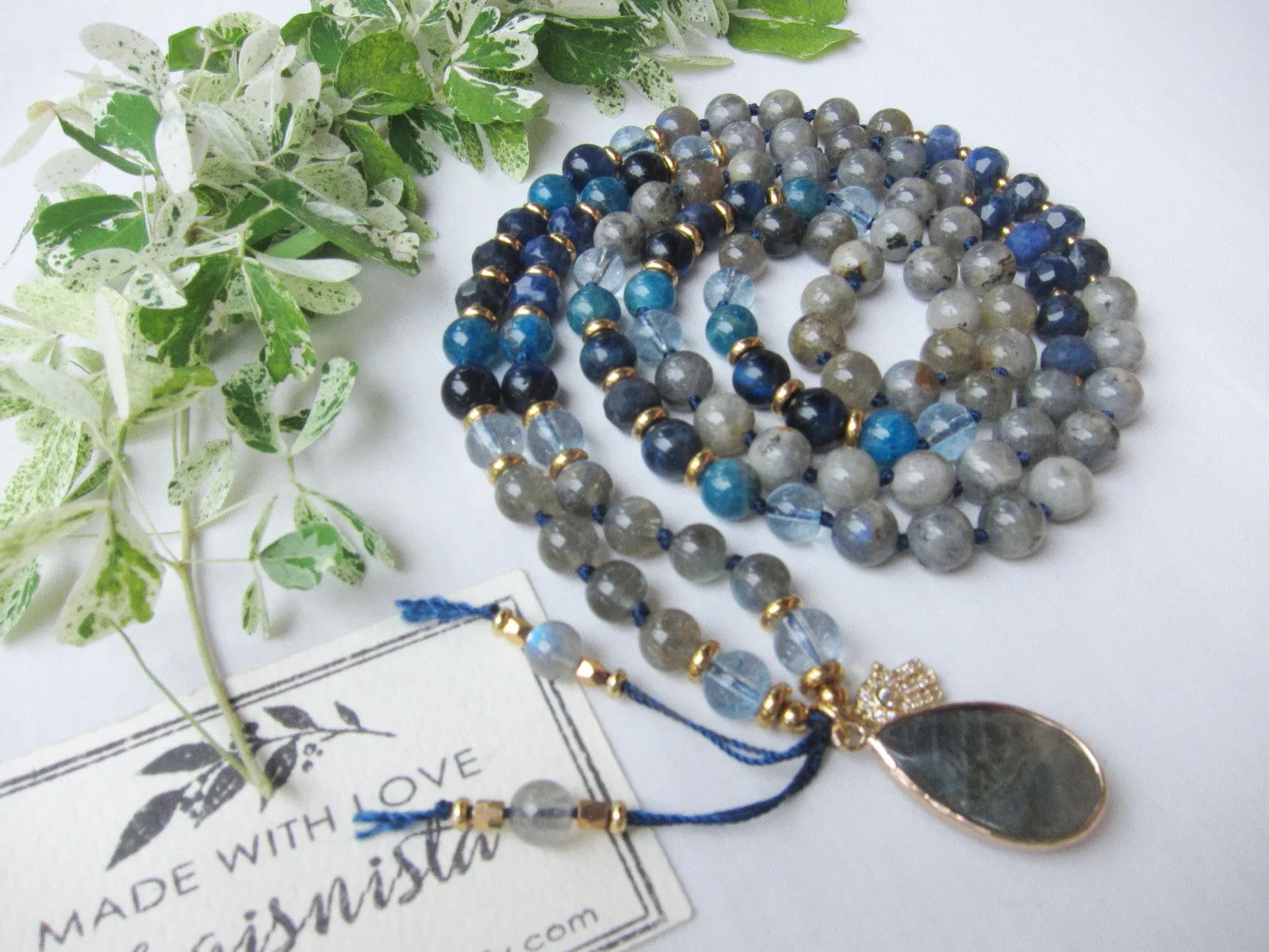 Rainbow Labradorite, Blue Sodalite 108 Prayer Beads Mala Necklace