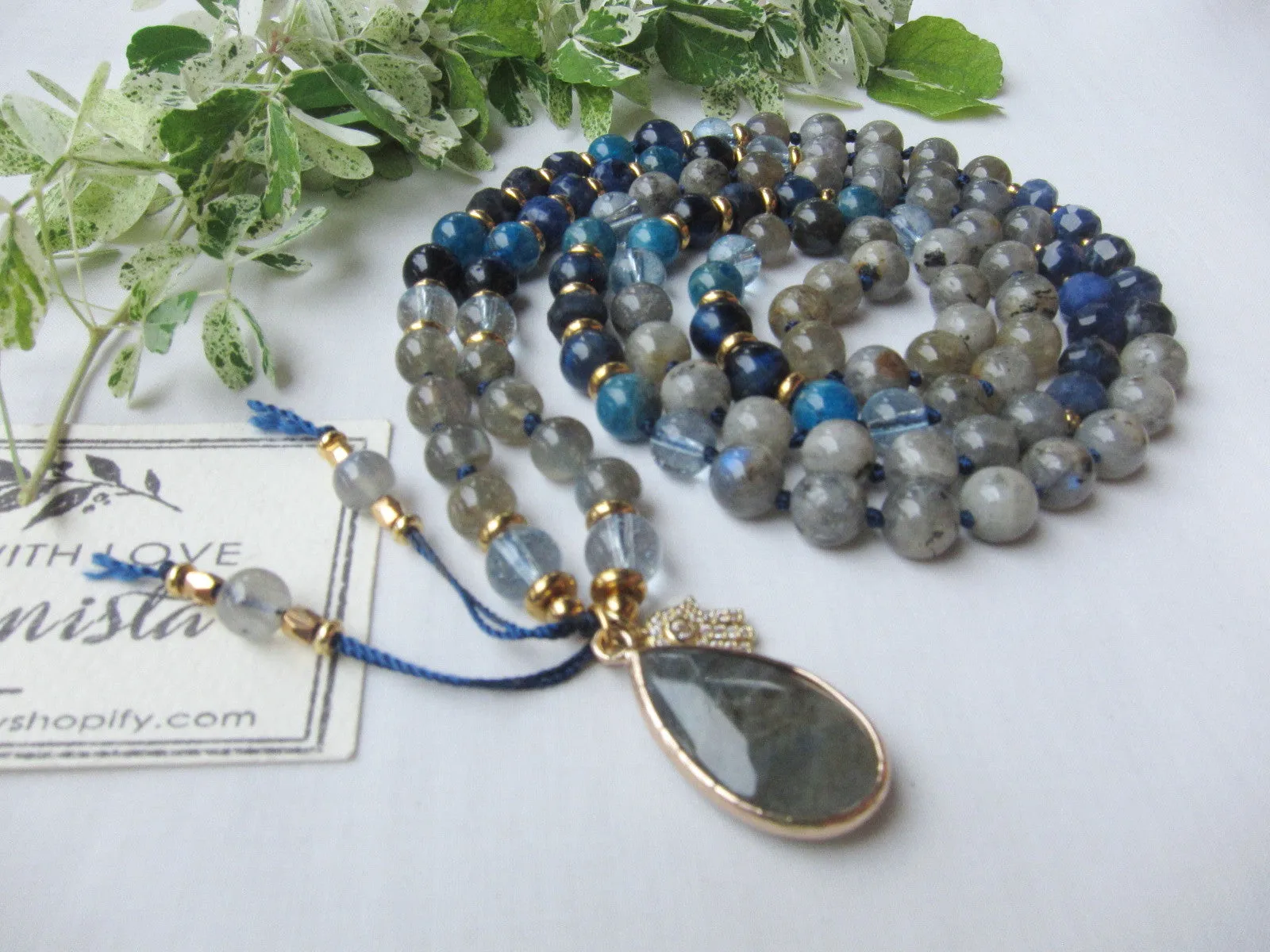 Rainbow Labradorite, Blue Sodalite 108 Prayer Beads Mala Necklace