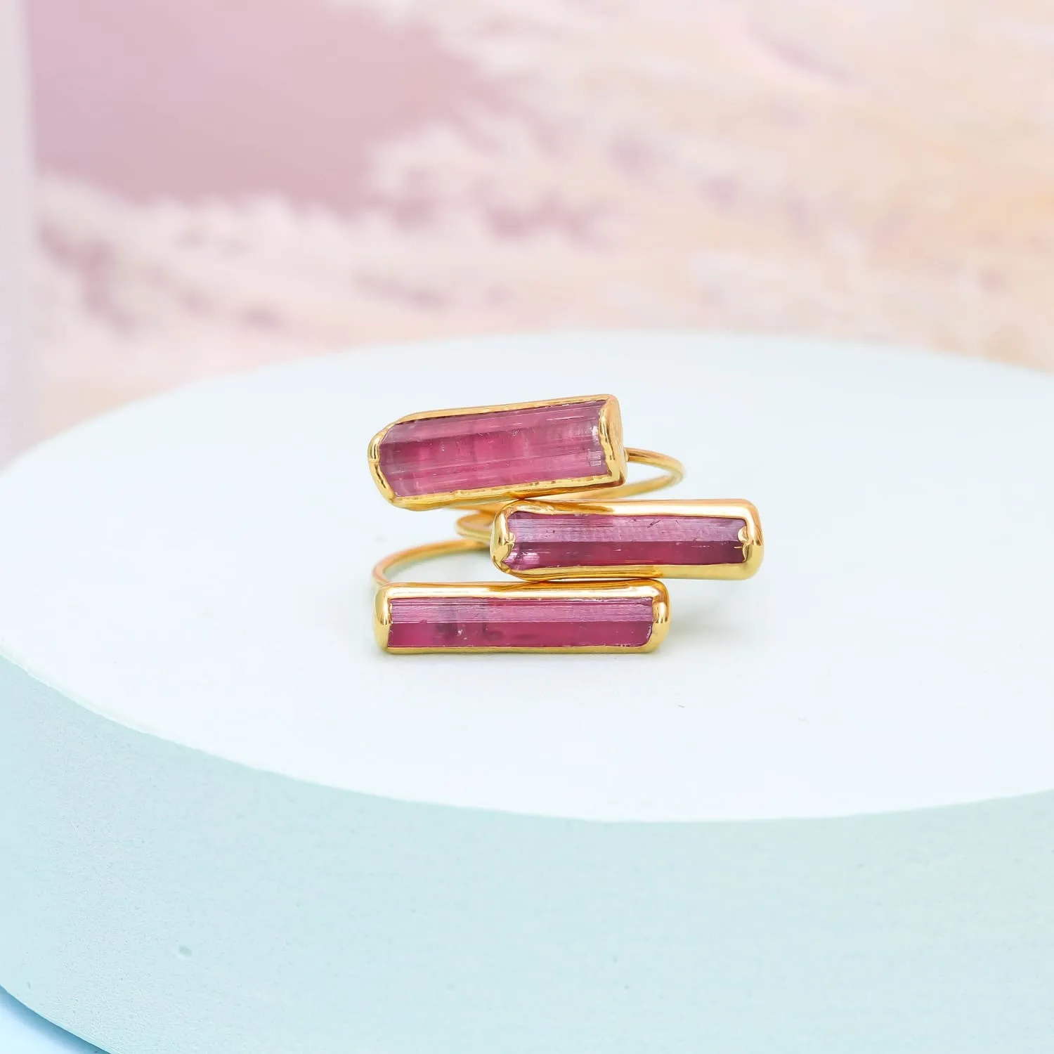 Raw Pink Tourmaline Bar Ring, Rubellite Tourmaline