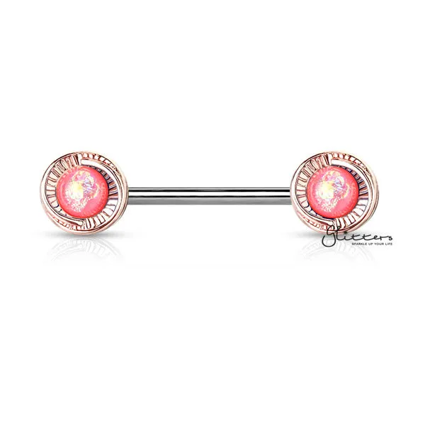 Rose Gold Plated Round Flower with Opal Glitter Centered Barbell Nipple Rings - Pink