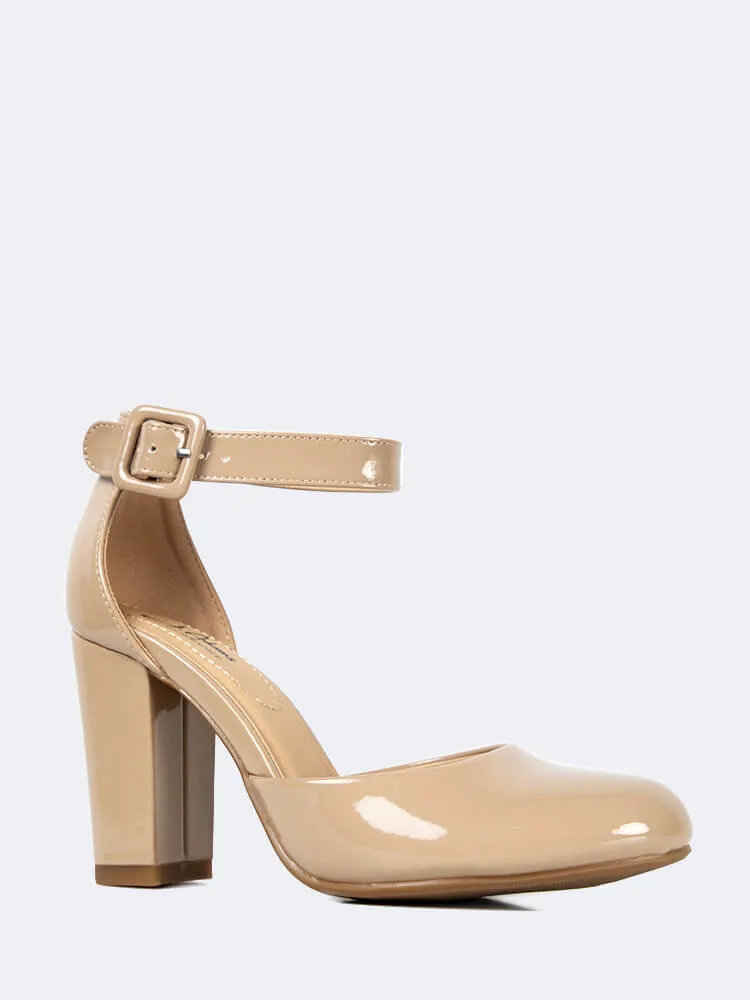 Round Closed Toe Ankle Strap Chunky High Heel