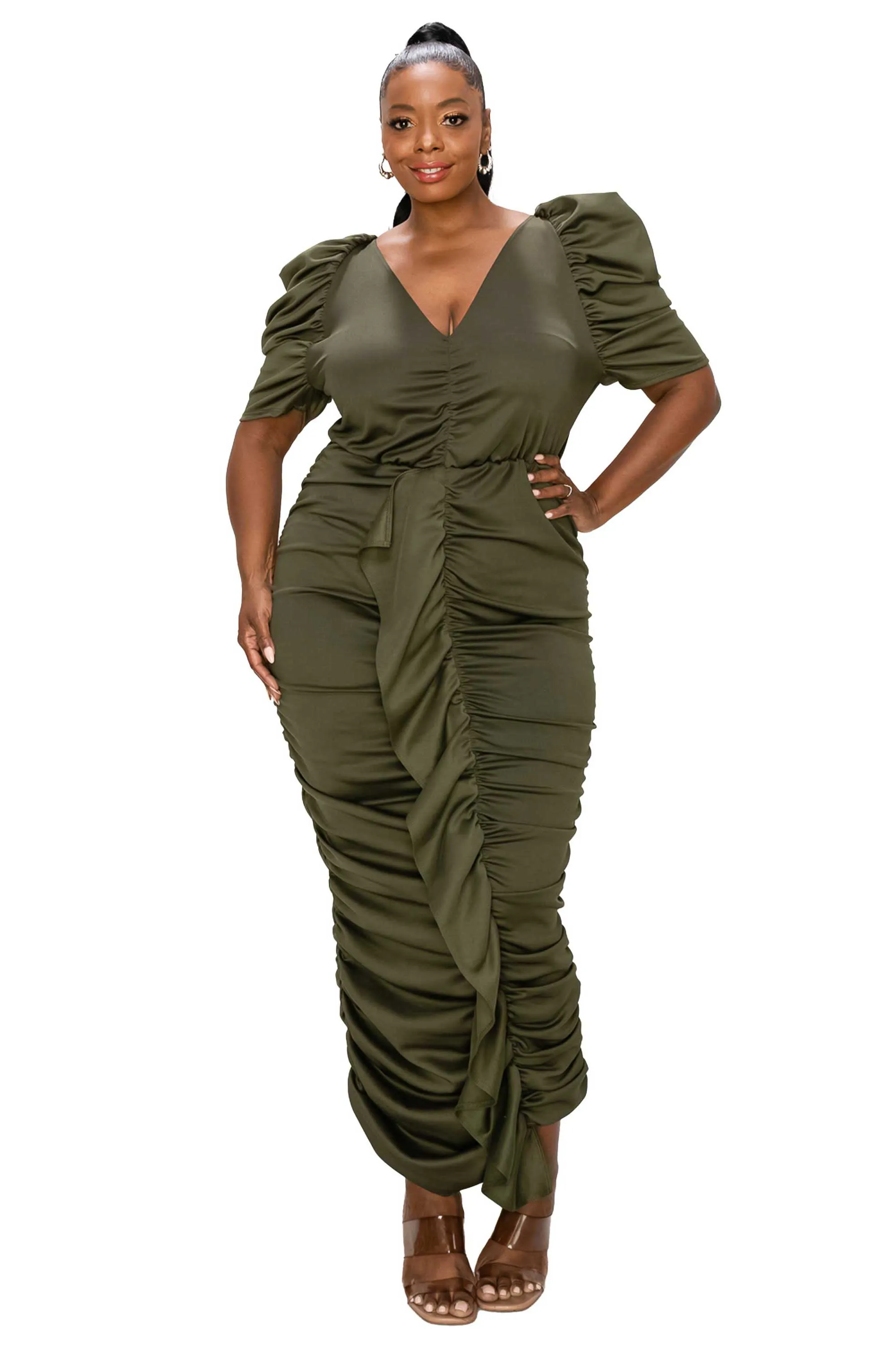 Ruched V Neck Midi Dress