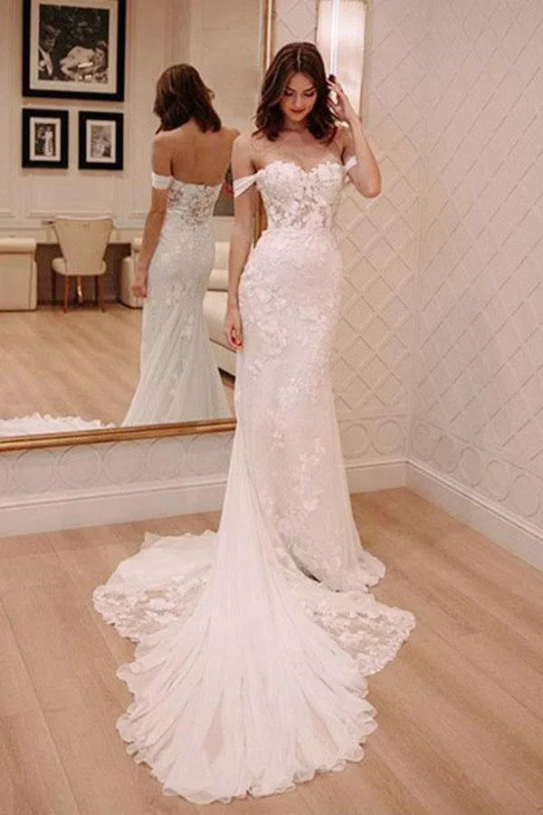 Sheath Off-the-Shoulder White Mermaid Chiffon Lace Appliques Beach Wedding Dresses