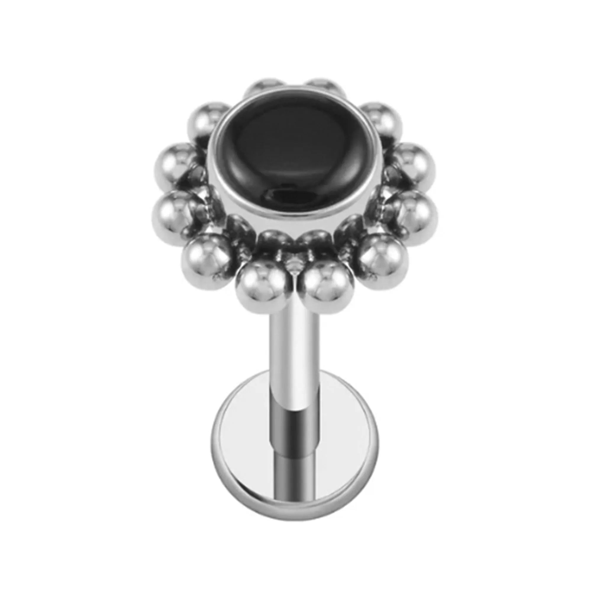 Silver Flower Bead Piercing Stud  Black