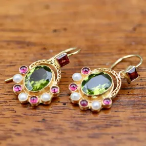 Sotherby 14k Gold, Peridot, Garnet and Pearl Earrings