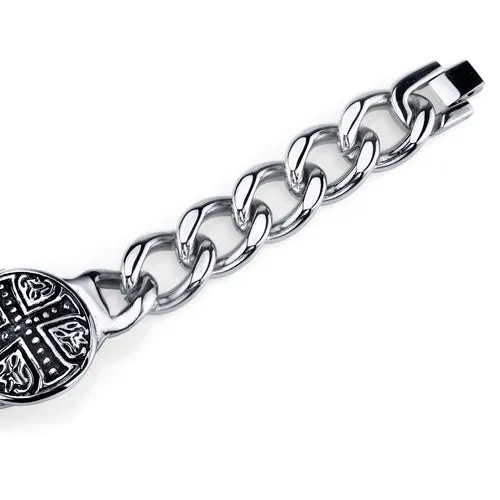 Stainless Steel Celtic Cross Curb Chain Link Bracelet for Men, 8.75 inches