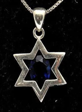 Star of David ( Magen David ) Pendant Blue Crystal Gemstone Silver 925.