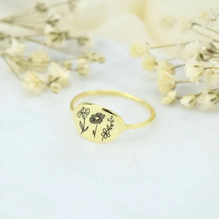 Sterling Silver Birth Month Flower Ring Personalized Ring