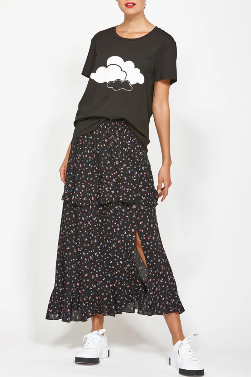 Strength Black Floral Frill Hem Maxi Skirt