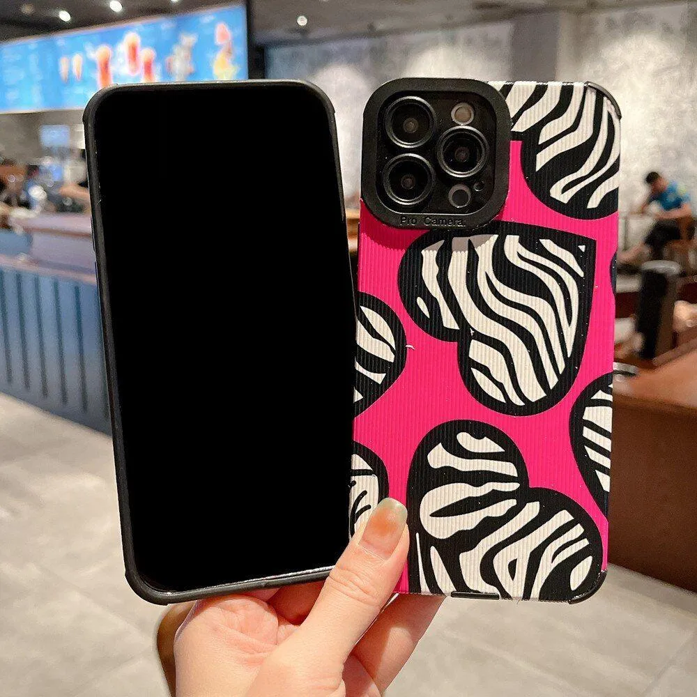 Stylish Pink White Heart Zebra Pattern Cute Phone Cases For iPhone 14, 13, 12 Pro, 11, XS Max, 7, 8 Plus, X, XR, SE